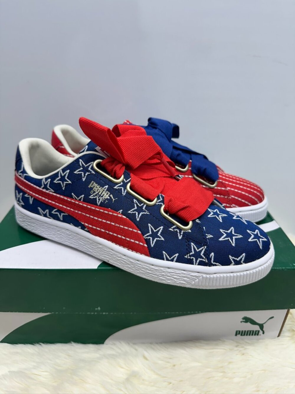 NIB Puma Basket Heart 4th Of July Women Sneker American Flag Stars Stripes SZ7.5